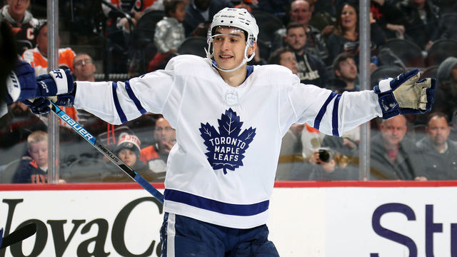 PHILADELPHIA, PA - DECEMBER 03: Ilya Mikheyev #65 of the Toronto Maple Leafs celebrates a third period goal against the Philadelphia Flyers on December 3, 2019 at the Wells Fargo Center in Philadelphia, Pennsylvania.