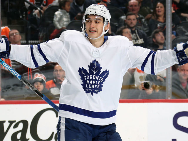 PHILADELPHIA, PA - DECEMBER 03: Ilya Mikheyev #65 of the Toronto Maple Leafs celebrates a third period goal against the Philadelphia Flyers on December 3, 2019 at the Wells Fargo Center in Philadelphia, Pennsylvania.