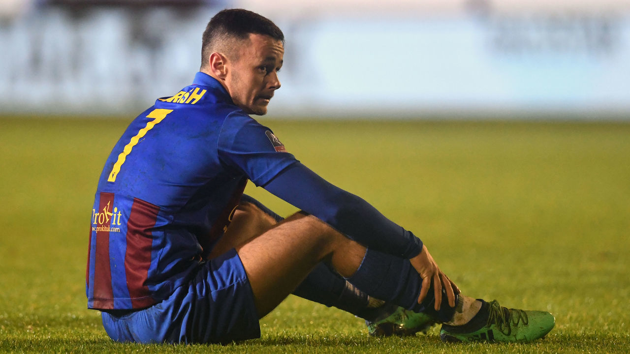 Maldon and Tiptree's Danny Parish looks dejected during the FA Cup second round match at Wallace Binder Stadium, Maldon.