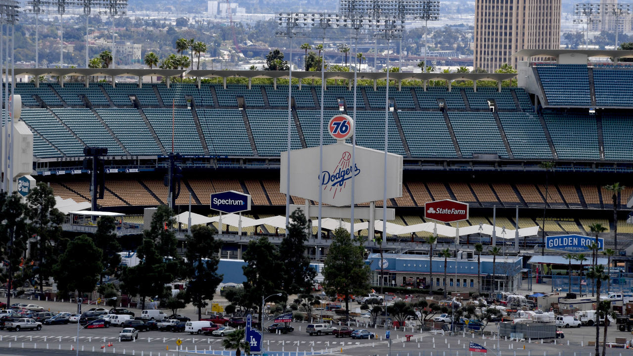 LOS ANGELES, CA - MARCH 25: Dodger Stadium as March 26 was to be Opening Day, but was canceled due to the coronavirus at Dodger Stadium in Los Angeles on Wednesday, March 25, 2020.