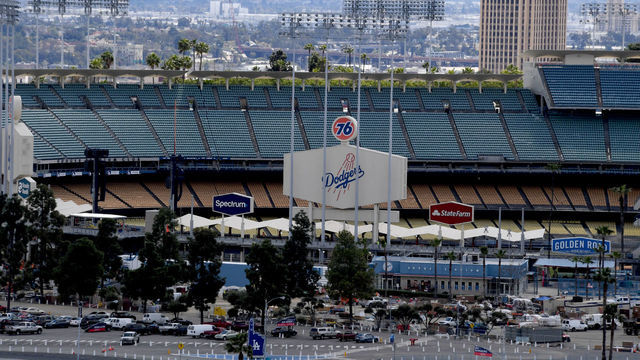 LOS ANGELES, CA - MARCH 25: Dodger Stadium as March 26 was to be Opening Day, but was canceled due to the coronavirus at Dodger Stadium in Los Angeles on Wednesday, March 25, 2020.