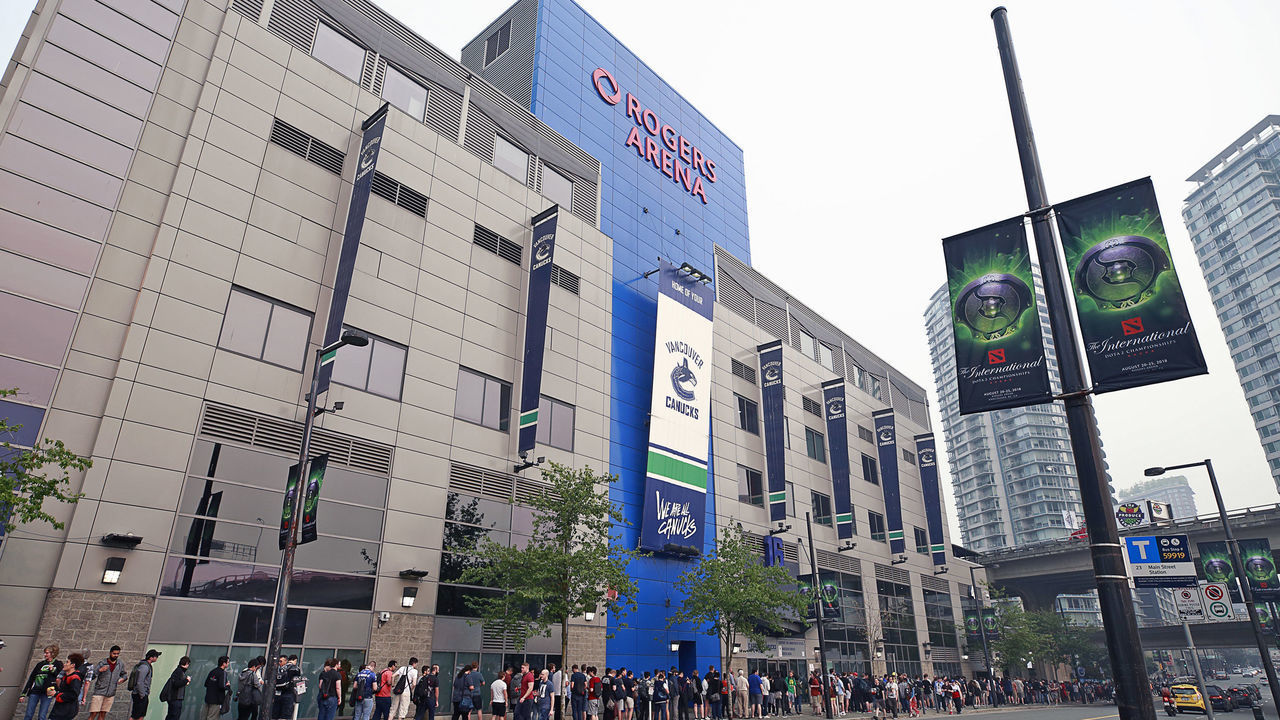 VANCOUVER, BC - AUGUST 20: Hundreds of gaming fans stand in line outside Rogers Arena as they wait to enter on the first day of The International 2018 DOTA 2 Championships on August 20, 2018 in Vancouver, Canada.