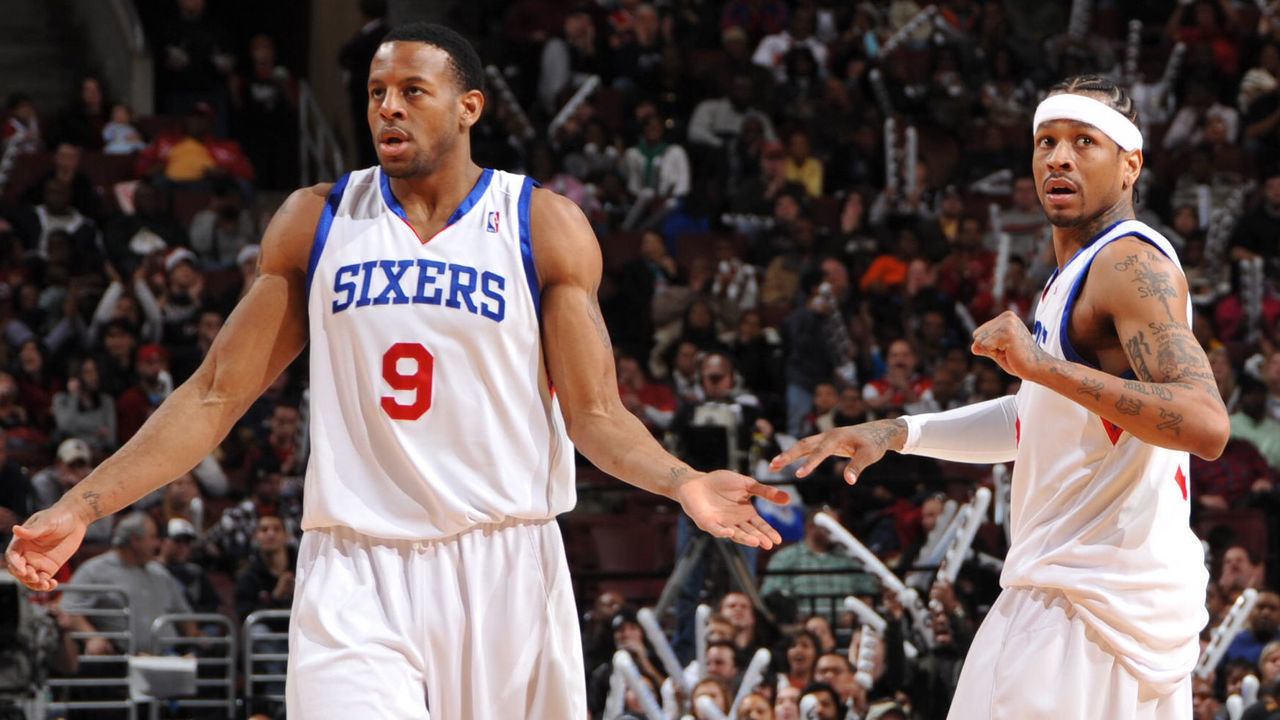 PHILADELPHIA - DECEMBER 11: Andre Iguodala #9 and Allen Iverson #3 of the Philadelphia 76ers pause during the game against the Houston Rockets on December 11, 2009 at the Wachovia Center in Philadelphia, Pennsylvania. NOTE TO USER: User expressly acknowledges and agrees that, by downloading and/or using this Photograph, user is consenting to the terms and conditions of the Getty Images License Agreement. Mandatory Copyright Notice: Copyright 2009 NBAE