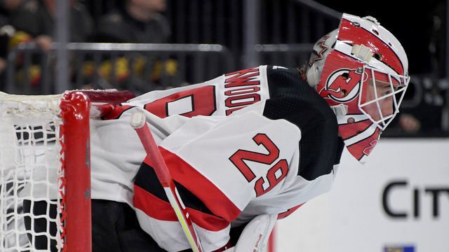 LAS VEGAS, NEVADA - MARCH 03: Mackenzie Blackwood #29 of the New Jersey Devils takes a break during a stop in play in the second period of a game against the Vegas Golden Knights at T-Mobile Arena on March 3, 2020 in Las Vegas, Nevada. The Golden Knights defeated the Devils 3-0.
