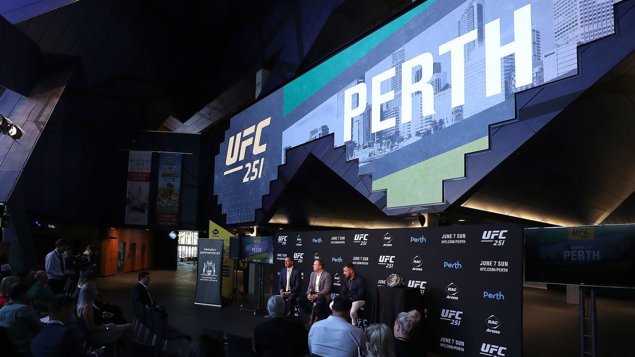 PERTH, AUSTRALIA - FEBRUARY 25: Paul Papalia (West Australian Minister for Tourism), David Shaw (UFC Senior Vice President International and Content) and Alex Volkanovski address the media during a UFC press conference at RAC Arena on February 25, 2020 in Perth, Australia.
