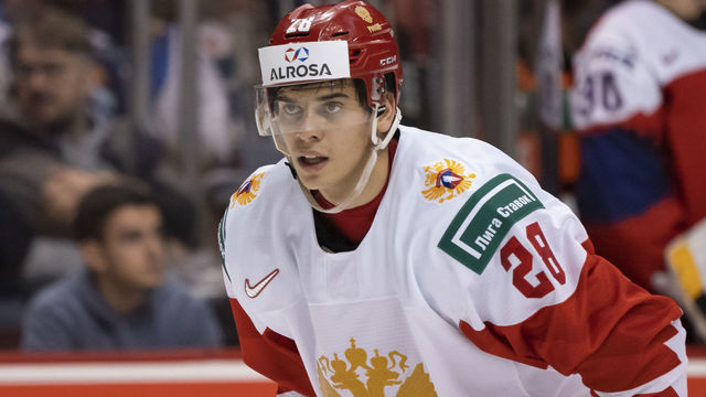 VANCOUVER, BC - DECEMBER 28: Grigori Denisenko #28 of Russia in Group A hockey action of the 2019 IIHF World Junior Championship action against the Czech Republic on December, 28, 2018 at Rogers Arena in Vancouver, British Columbia, Canada.