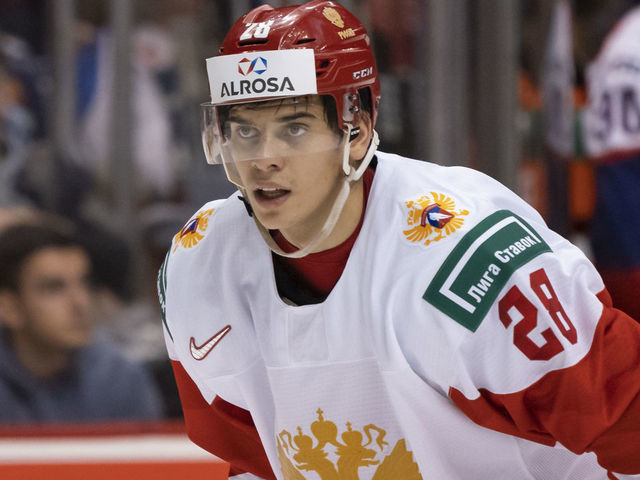 VANCOUVER, BC - DECEMBER 28: Grigori Denisenko #28 of Russia in Group A hockey action of the 2019 IIHF World Junior Championship action against the Czech Republic on December, 28, 2018 at Rogers Arena in Vancouver, British Columbia, Canada.