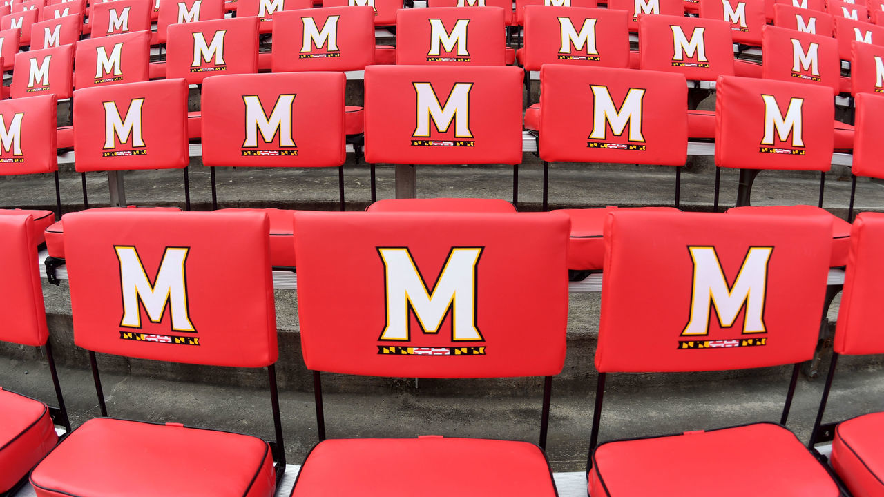 COLLEGE PARK, MD - SEPTEMBER 15: A view of Maryland logos on seats before the game between the Maryland Terrapins and the Temple Owls at Maryland Stadium on September 15, 2018 in College Park, Maryland.