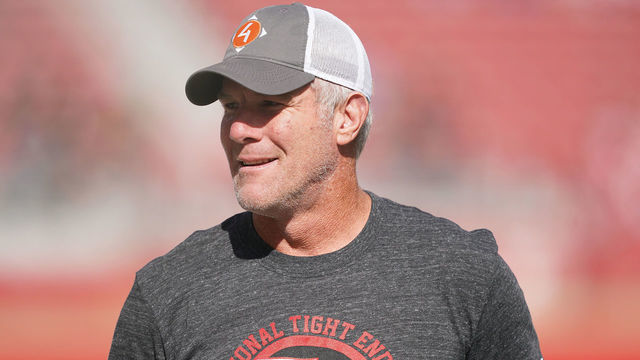 SANTA CLARA, CALIFORNIA - OCTOBER 27: Former NFL quarterback Brett Favre wears a t-shirt that reads "National Tight End Day" prior to the start of an NFL game between the Carolina Panthers and San Francisco 49ers at Levi's Stadium on October 27, 2019 in Santa Clara, California.