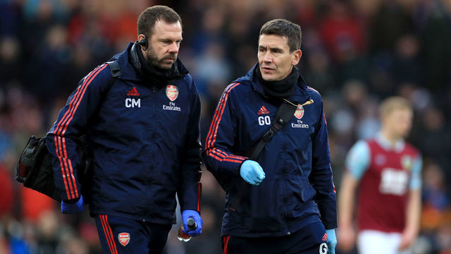 Arsenal physiotherapist Chris Morgan (left) with club doctor Gary O'Driscoll Burnley v Arsenal - Premier League - Turf Moor 02-02-2020 .