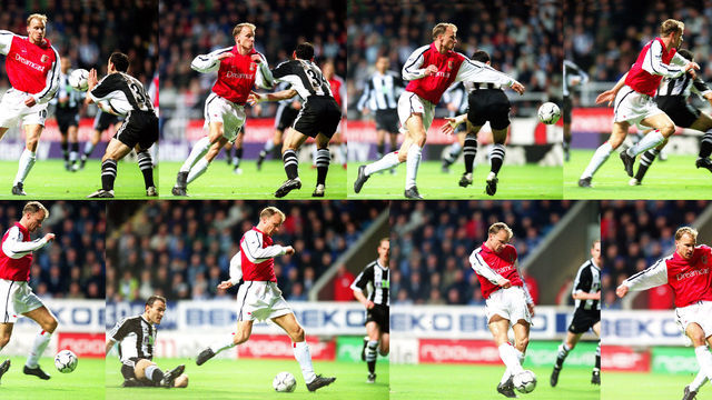 NEWCASTLE, ENGLAND - MARCH 2: In this composite image, Dennis Bergkamp scores a goal for Arsenal during the Premier League match between Newcastle United and Arsenal on March 2, 2002 in Newcastle, England.