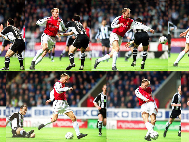 NEWCASTLE, ENGLAND - MARCH 2: In this composite image, Dennis Bergkamp scores a goal for Arsenal during the Premier League match between Newcastle United and Arsenal on March 2, 2002 in Newcastle, England.