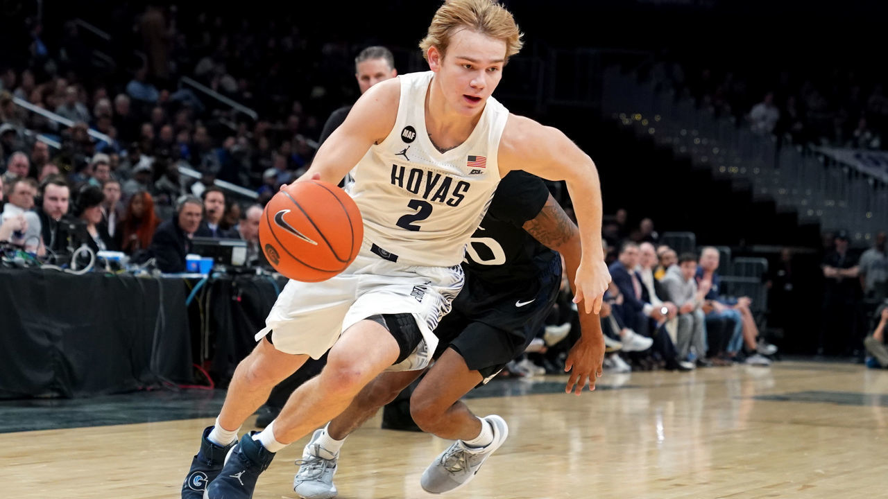 WASHINGTON, DC - JANUARY 28: Mac McClung #2 of the Georgetown Hoyas dribbles the ball during a college basketball game against the Georgetown Hoyas at the Capital One Arena on January 28, 2020 in Washington, DC.