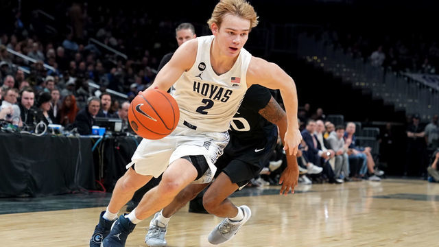 WASHINGTON, DC - JANUARY 28: Mac McClung #2 of the Georgetown Hoyas dribbles the ball during a college basketball game against the Georgetown Hoyas at the Capital One Arena on January 28, 2020 in Washington, DC.
