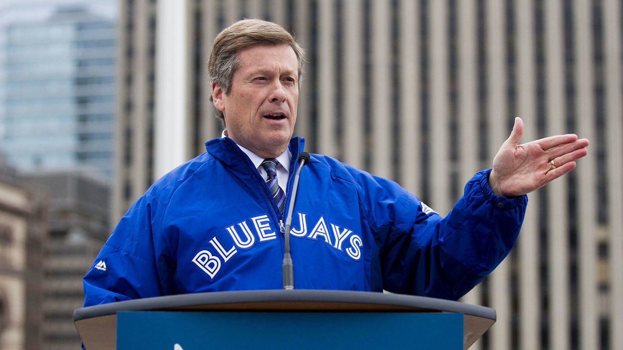 TORONTO, ON - OCTOBER 6 - Toronto Mayor John Tory held a special flag raising for the Toronto Blue Jays to kick of the 2015 post season. October 6, 2015. (Carlos Osorio/Toronto Star via Getty Images)