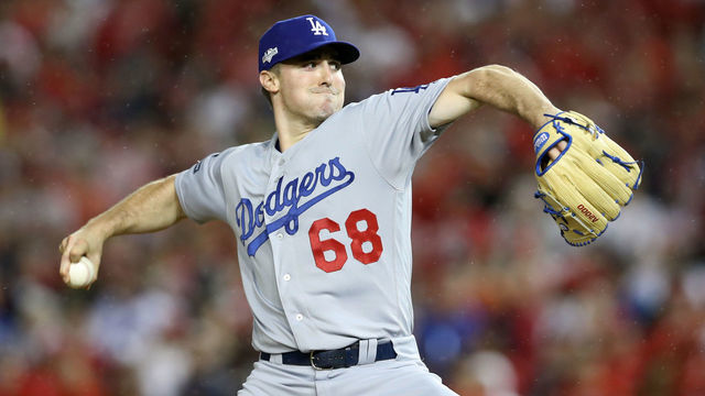 WASHINGTON, DC - OCTOBER 07: Ross Stripling #68 of the Los Angeles Dodgers delivers against the Washington Nationals in the sixth inning of game four of the National League Division Series at Nationals Park on October 07, 2019 in Washington, DC.