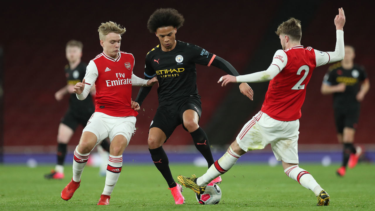 LONDON, ENGLAND - FEBRUARY 28: Leroy Sane of Manchester City in action during the Premier league 2 match between Arsenal U23 and Manchester City U23 at Emirates Stadium on February 28, 2020 in London, England.