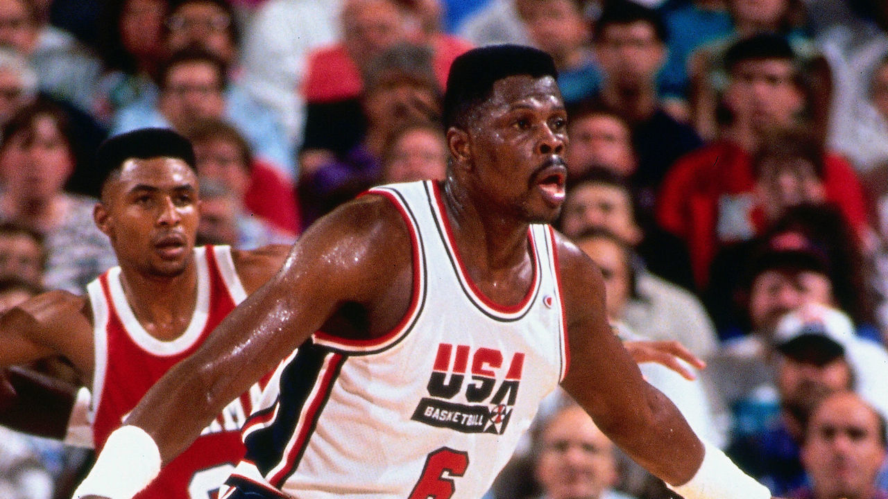 BARCELONA, SPAIN - 1992: Patrick Ewing #6 of the United States guards his position against Venezuela circa 1992 in the 1992 Summer Olympics at Palau Municipal d'Esports de Badalona in Barcelona, Spain. Mandatory Copyright Notice: Copyright 1992 NBAE
