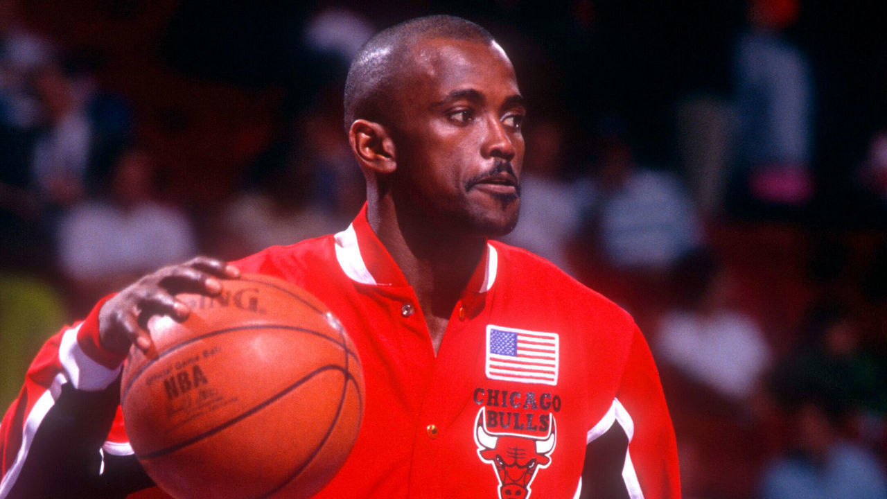 PHILADELPHIA, PA - MAY, 1991: Craig Hodges #14 of the Chicago Bulls dribbles the ball during warm-ups prior to a game in the 1991 Eastern Conference Semifinals against the Philadelphia 76ers circa May, 1991 at the Spectrum in Philadelphia, Pennsylvania.