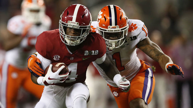 SANTA CLARA, CA - JANUARY 07: Jerry Jeudy #4 of the Alabama Crimson Tide is pursued by Isaiah Simmons #11 of the Clemson Tigers in the CFP National Championship presented by AT&T at Levi's Stadium on January 7, 2019 in Santa Clara, California.
