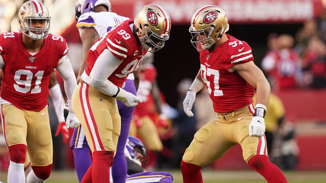 SANTA CLARA, CALIFORNIA - JANUARY 11: Nick Bosa #97 and DeForest Buckner #99 of the San Francisco 49ers react to a play during the second half against the Minnesota Vikings during the NFC Divisional Round Playoff game at Levi's Stadium on January 11, 2020 in Santa Clara, California.