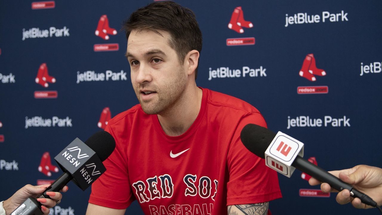 FT. MYERS, FL - MARCH 6: Collin McHugh #46 of the Boston Red Sox speaks to the media during a press conference before a Grapefruit League game against the Atlanta Braves on March 6, 2020 at jetBlue Park at Fenway South in Fort Myers, Florida.