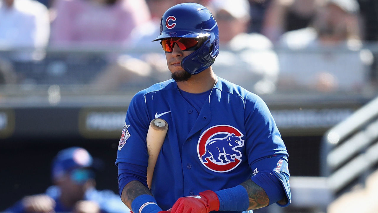 PEORIA, ARIZONA - FEBRUARY 24: Javier Baez #9 of the Chicago Cubs bats against the Seattle Mariners during the MLB spring training game at Peoria Stadium on February 24, 2020 in Peoria, Arizona.