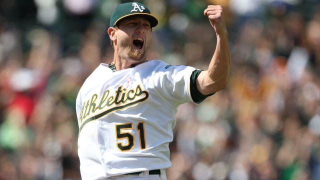 OAKLAND, CA - MAY 9: Dallas Braden #51 of the Oakland Athletics pumping his fist in the air after pitching a perfect game against the Tampa Bay Rays at the Oakland Coliseum on May 9, 2010 in Oakland, California. The Athletics defeated the Rays 4-0.