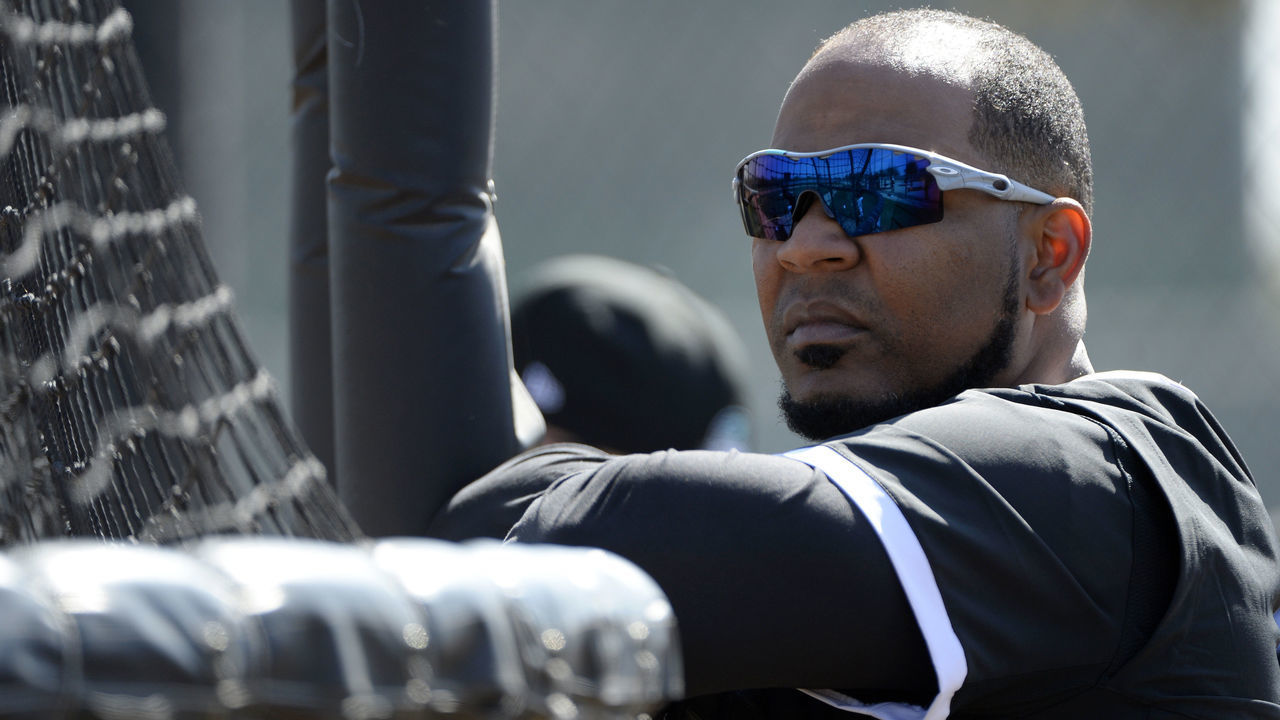 GLENDALE, ARIZONA - FEBRUARY 18: Edwin Encarnacion #23 of the Chicago White Sox looks on during spring training workouts on February 18, 2020 at Camelback Ranch in Glendale Arizona.