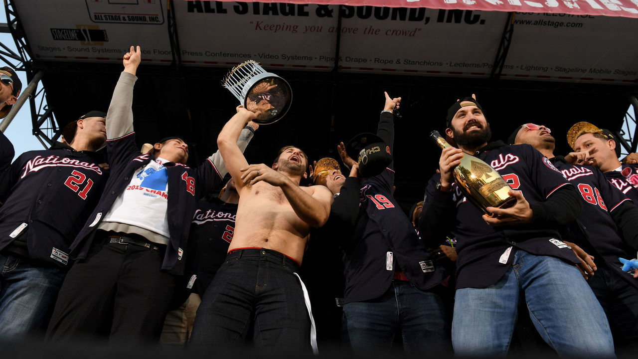 WASHINGTON, DC - NOVEMBER 2: World Series Champions Washington Nationals celebrate on stage at a rally November 02, 2019 in Washington, DC. The Nationals beat the Houston Astros 6-2 in Game 7 to secure the franchise's first title and Washington's first World Series championship since 1924.