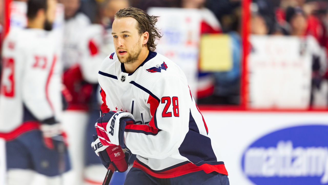 OTTAWA, ON - JANUARY 31: Washington Capitals Left Wing Brendan Leipsic (28) during warm-up before National Hockey League action between the Washington Capitals and Ottawa Senators on January 31, 2020, at Canadian Tire Centre in Ottawa, ON, Canada.
