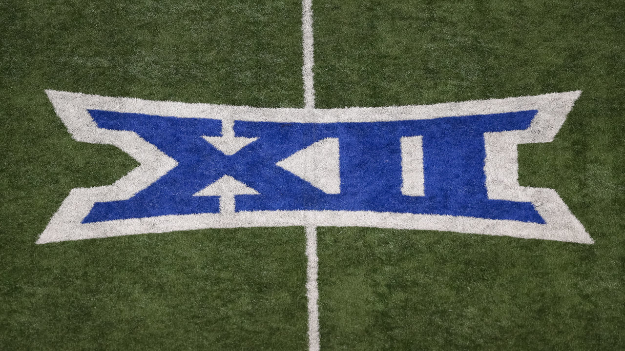 LAWRENCE, KS - SEPTEMBER 07: The Big 12 logo on the field diuring an FBS football game between the Coastal Carolina Chanticleers and Kansas Jayhawks on September 7, 2019 at Memorial Stadium in Lawrence, KS.