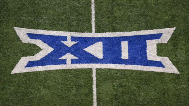 LAWRENCE, KS - SEPTEMBER 07: The Big 12 logo on the field diuring an FBS football game between the Coastal Carolina Chanticleers and Kansas Jayhawks on September 7, 2019 at Memorial Stadium in Lawrence, KS.