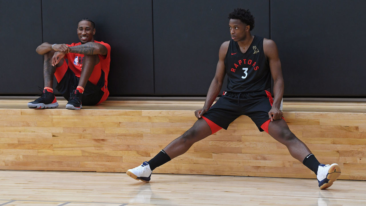 TORONTO, CANADA - OCTOBER 22: Rondae Hollis-Jefferson #4 and OG Anunoby #3 of the Toronto Raptors sit on the bench during an all access practice on October 22, 2019 at OVO Atletic Centre in Toronto, Ontario, Canada. Mandatory Copyright Notice: Copyright 2019 NBAE