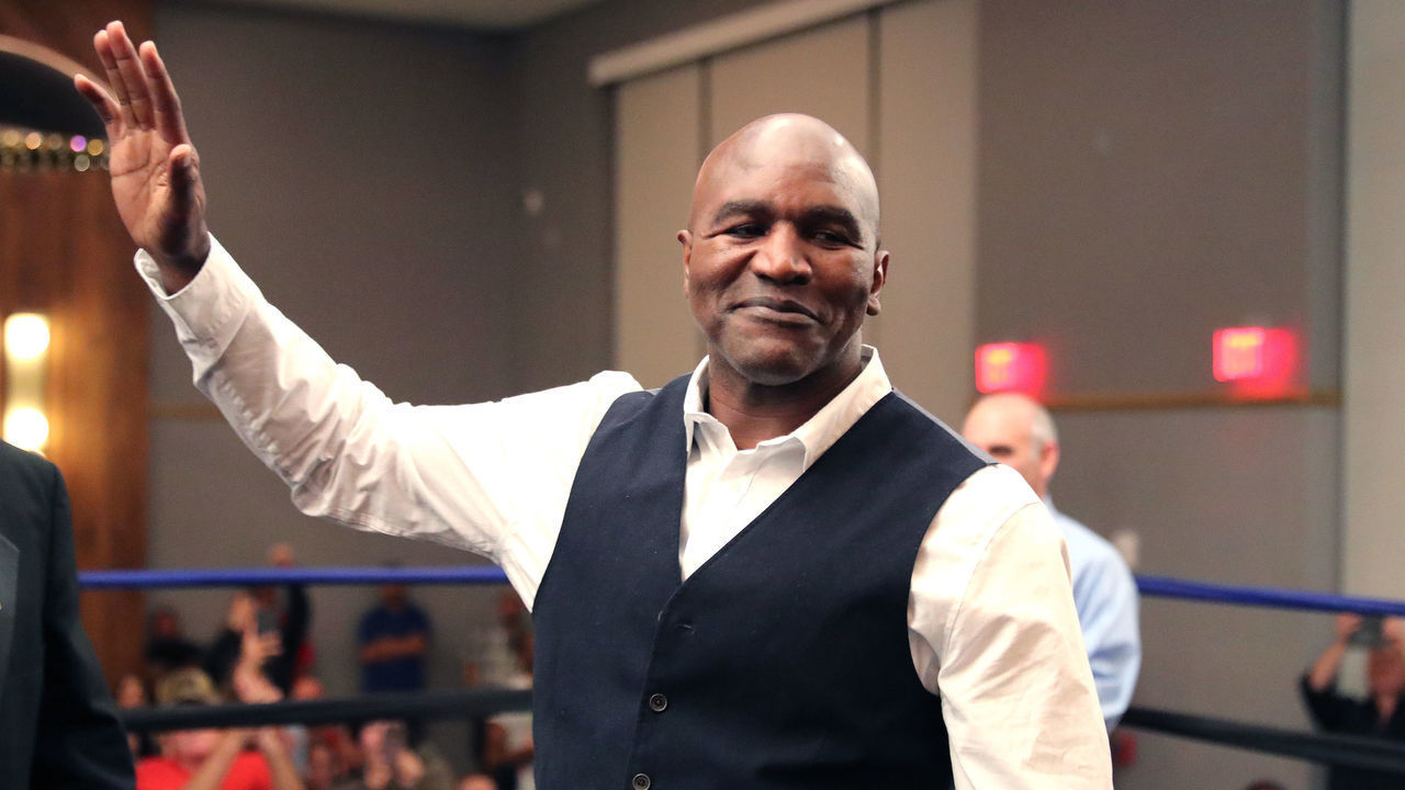 DAYTONA BEACH, FL - FEBRUARY 08: Evander Holyfield gestures during the Evan Holyfield v Travis Nero boxing match at Hard Rock Hotel Daytona on February 8, 2020 in Daytona Beach, Florida.
