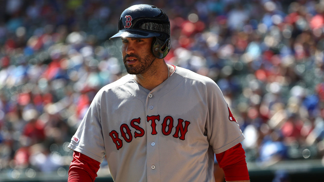 ARLINGTON, TEXAS - SEPTEMBER 26: J.D. Martinez #28 of the Boston Red Sox at Globe Life Park in Arlington on September 26, 2019 in Arlington, Texas.