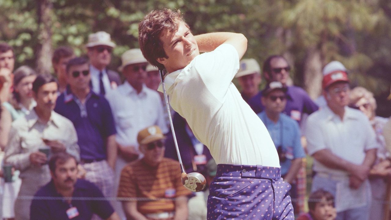 AUGUSTA, GA - APRIL 1976: Curtis Strange tees off on number 2 during the 1976 Masters Tournament at Augusta National Golf Club in April 1976 in Augusta, Georgia.