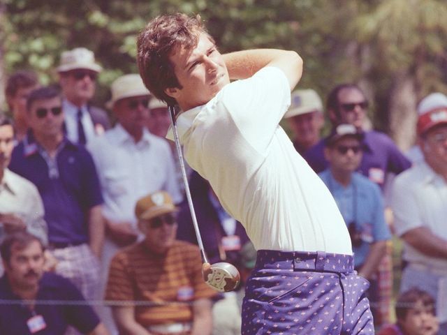 AUGUSTA, GA - APRIL 1976: Curtis Strange tees off on number 2 during the 1976 Masters Tournament at Augusta National Golf Club in April 1976 in Augusta, Georgia.