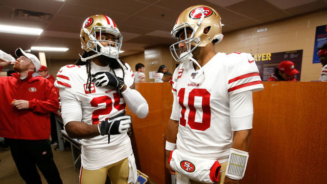 LANDOVER, MD - OCTOBER 20: Richard Sherman #25 and Jimmy Garoppolo #10 of the San Francisco 49ers talk in the locker room prior to the game against the Washington Redskins at FedExField on October 20, 2019 in Landover, Maryland. The 49ers defeated the Redskins 9-0.