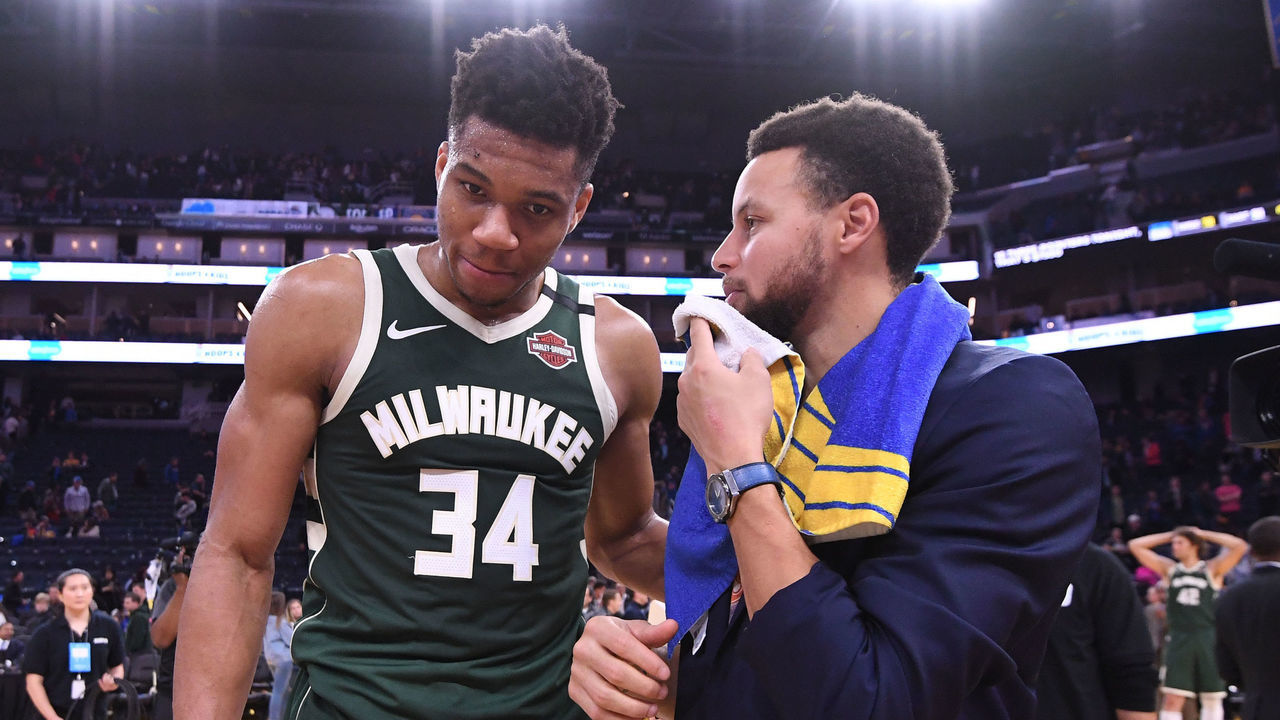 SAN FRANCISCO, CA - JANUARY 8: Giannis Antetokounmpo #34 of the Milwaukee Bucks and Stephen Curry #30 of the Golden State Warriors talk after a game on January 8, 2020 at Chase Center in San Francisco, California. NOTE TO USER: User expressly acknowledges and agrees that, by downloading and or using this photograph, user is consenting to the terms and conditions of Getty Images License Agreement. Mandatory Copyright Notice: Copyright 2020 NBAE