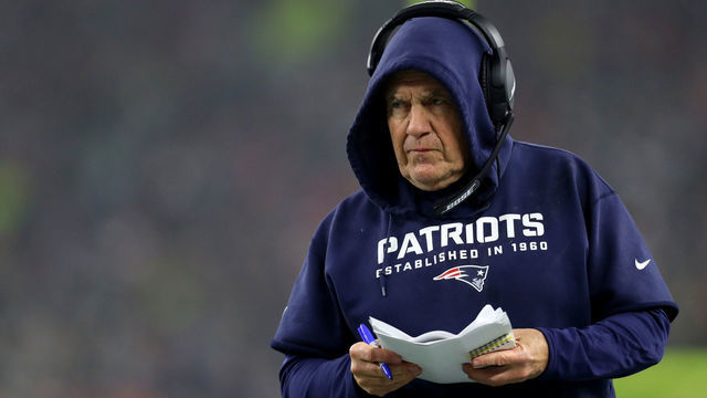 FOXBOROUGH, MASSACHUSETTS - JANUARY 04: Head coach Bill Belichick of the New England Patriots looks on during the the AFC Wild Card Playoff game against the Tennessee Titans at Gillette Stadium on January 04, 2020 in Foxborough, Massachusetts.