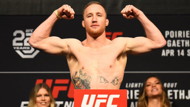 GLENDALE, AZ - APRIL 13: Justin Gaethje poses on the scale during the UFC Fight Night weigh-in at the Gila Rivera Arena on April 13, 2018 in Glendale, Arizona.