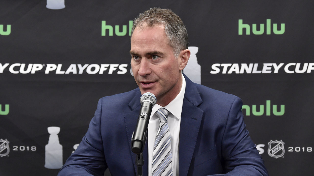 LAS VEGAS, NV - APRIL 11: Head coach John Stevens of the Los Angeles Kings speaks during a postgame news conference after the team was defeated by the Vegas Golden Knights 1-0 in Game One of the Western Conference First Round during the 2018 NHL Stanley Cup Playoffs at T-Mobile Arena on April 11, 2018 in Las Vegas, Nevada.