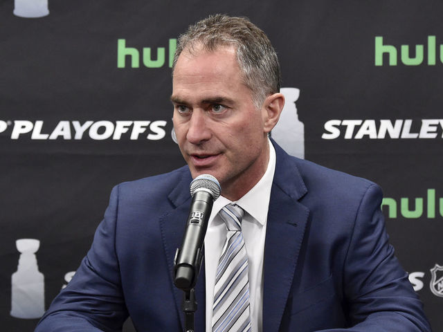 LAS VEGAS, NV - APRIL 11: Head coach John Stevens of the Los Angeles Kings speaks during a postgame news conference after the team was defeated by the Vegas Golden Knights 1-0 in Game One of the Western Conference First Round during the 2018 NHL Stanley Cup Playoffs at T-Mobile Arena on April 11, 2018 in Las Vegas, Nevada.