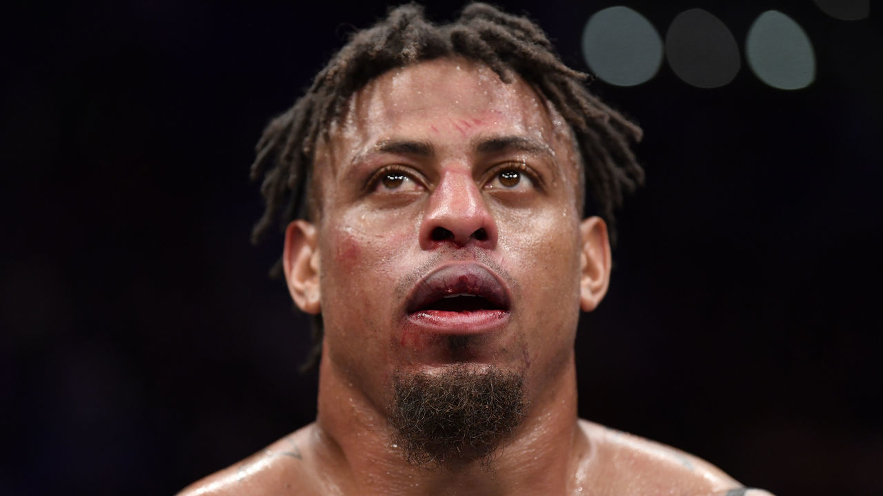 MOSCOW, RUSSIA - NOVEMBER 09: Greg Hardy reacts after the conclusion of his heavyweight bout against Alexander Volkov during the UFC Fight Night event at CSKA Arena on November 09, 2019 in Moscow, Russia.