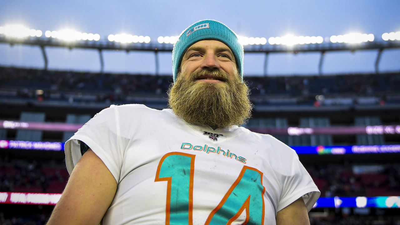 FOXBOROUGH, MA - DECEMBER 29: Ryan Fitzpatrick #14 of the Miami Dolphins reacts after a game against the New England Patriots at Gillette Stadium on December 29, 2019 in Foxborough, Massachusetts.