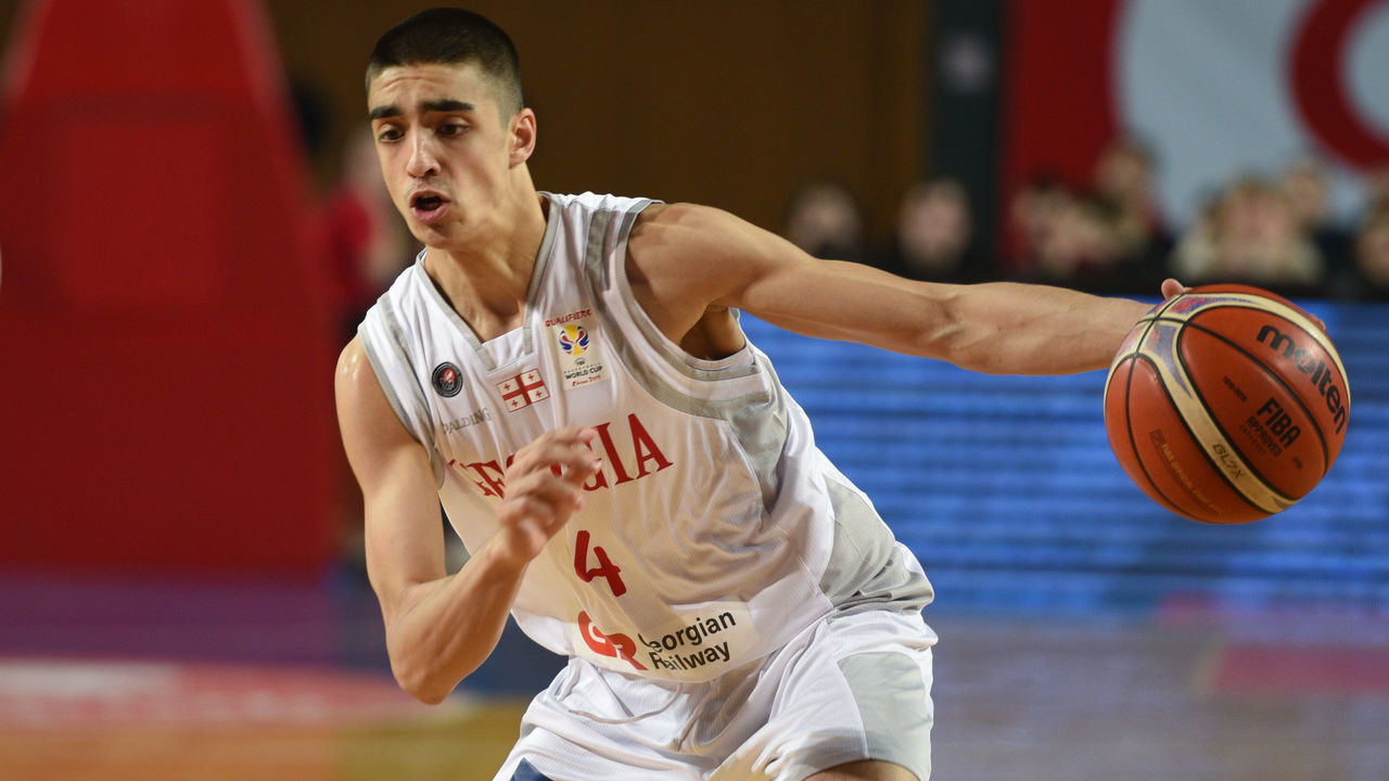 TBILISI, GEORGIA - FEBRUARY 24: Rati Andronikashvili of Georgia drives the ball during the FIBA World Cup qualifier match between Georgia and Estonia on February 24, 2019 in Tbilisi, Georgia.