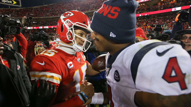 KANSAS CITY, MISSOURI - JANUARY 12: Patrick Mahomes #15 of the Kansas City Chiefs and Deshaun Watson #4 of the Houston Texans shake hands following the AFC Divisional playoff game at Arrowhead Stadium on January 12, 2020 in Kansas City, Missouri.