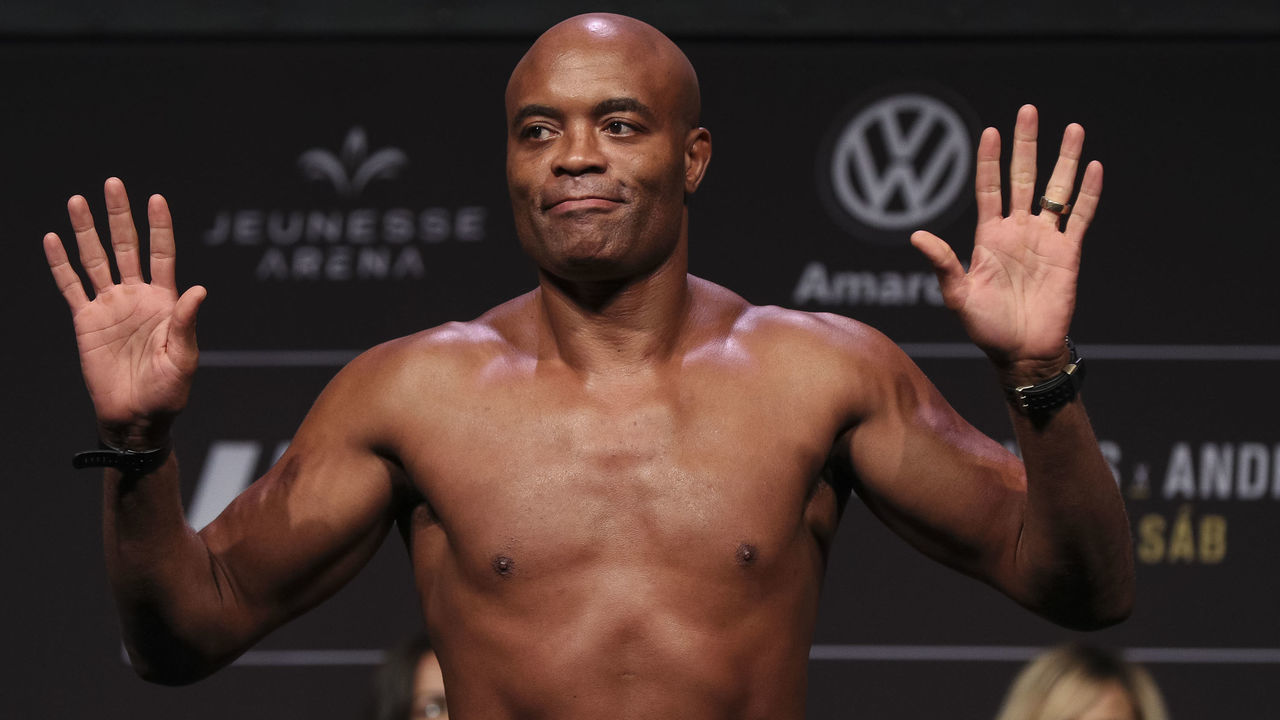 RIO DE JANEIRO, BRAZIL - MAY 10: Anderson Silva of Brazil poses on the scale during the UFC 237 weigh-in at Jeunesse Arena on May 10, 2019 in Rio de Janeiro, Brazil.