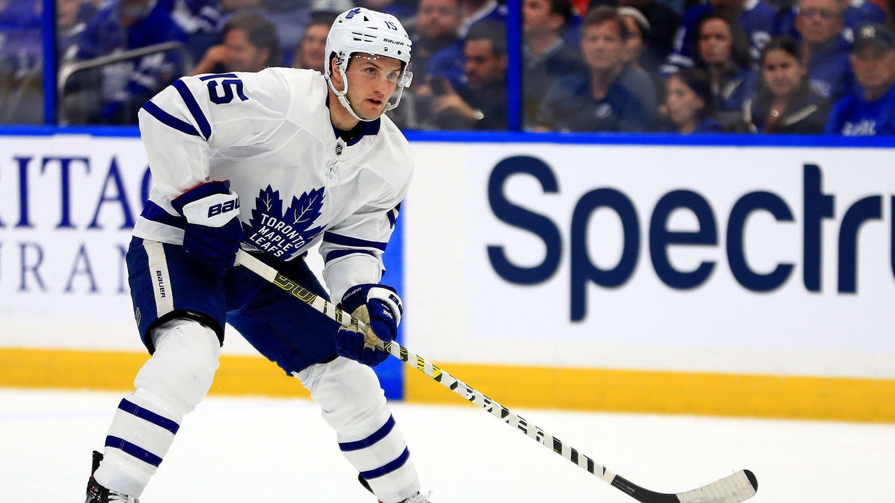 TAMPA, FLORIDA - FEBRUARY 25: Alexander Kerfoot #15 of the Toronto Maple Leafs carries the puck during a game against the Tampa Bay Lightning at Amalie Arena on February 25, 2020 in Tampa, Florida.